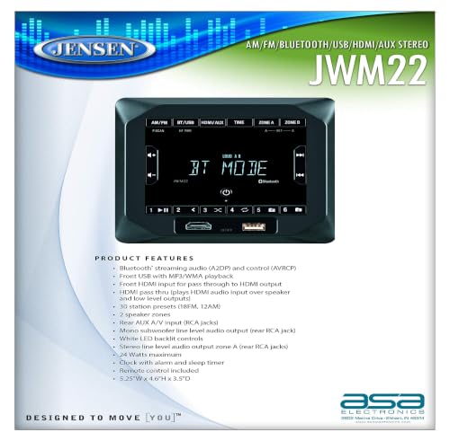 ASA JWM22 Jensen  2-Speaker Zones AM/FM|BT|HDMI|AUX Cube Wall Mount Stereo, S... product image